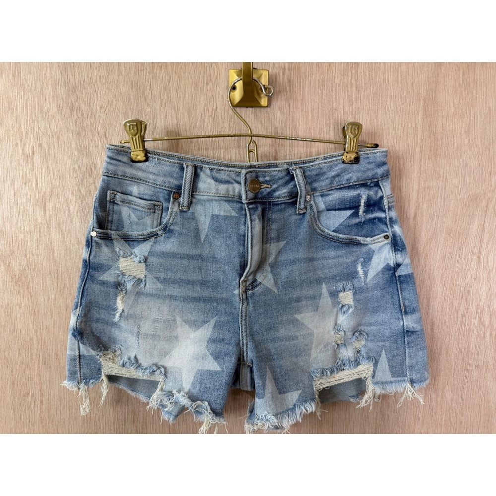 Risen Jeans Womens Distressed Star Print Denim Shorts Medium RDS6053 Light Wash